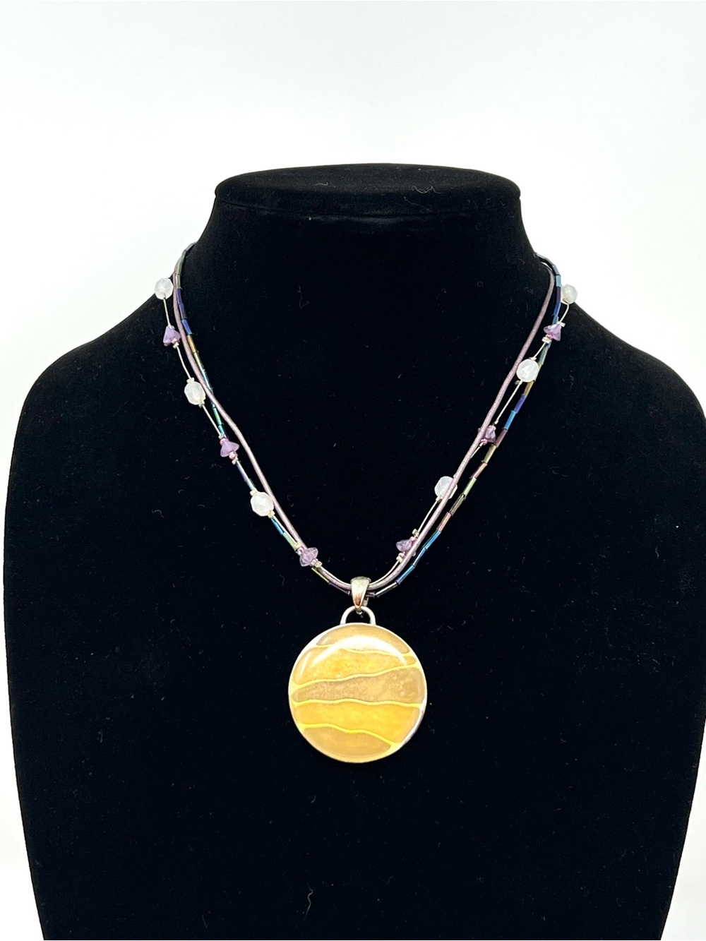 Kenneth Cole Yellow Enamel Pendant Necklace with Purple and White Beaded Strands